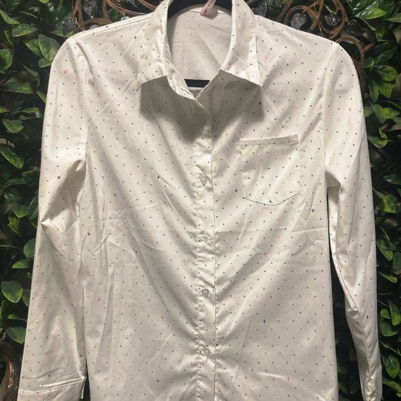 Star or cross print button-down shirt ~ Celestrial white pink blue MEDIUM blouse - Picture 5 of 15